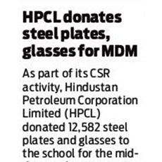 HPCL donates steel plates, glasses for mid-day meals 