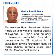 Shri Madhu Pandit Dasa nominated as the finalist of the India Social Entrepreneur of the Year Award, 2017