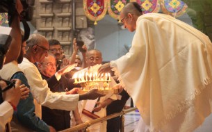 The President of India, Pranab Mukherjee, and other dignitaries visited the temple after the commemoration of Akshaya Patra's milestone of serving 2 billion meals