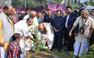 Sri Rajnath Singh, Minister of Home Affairs, participates in a tree planting ceremony at the Lucknow unit’s premises.