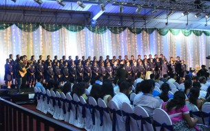 Students of St. Joseph's Convent Girls High School and St. Joseph's Convent PU College singing the invocation song to begin the commemoration event