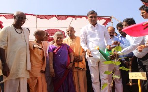 A sapling, which was planted at the kitchen site, was watered by Shri T Harish Rao, in the presence of Shri Madhu Pandit Dasa, Smt Sudha Murty and others. 